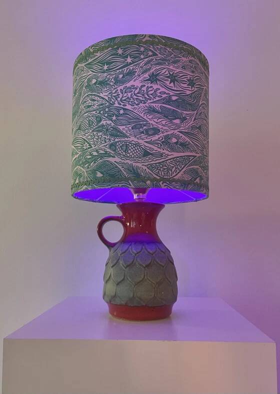 Wireless Jasba table lamp - West German pottery with fish decor | 41 cm