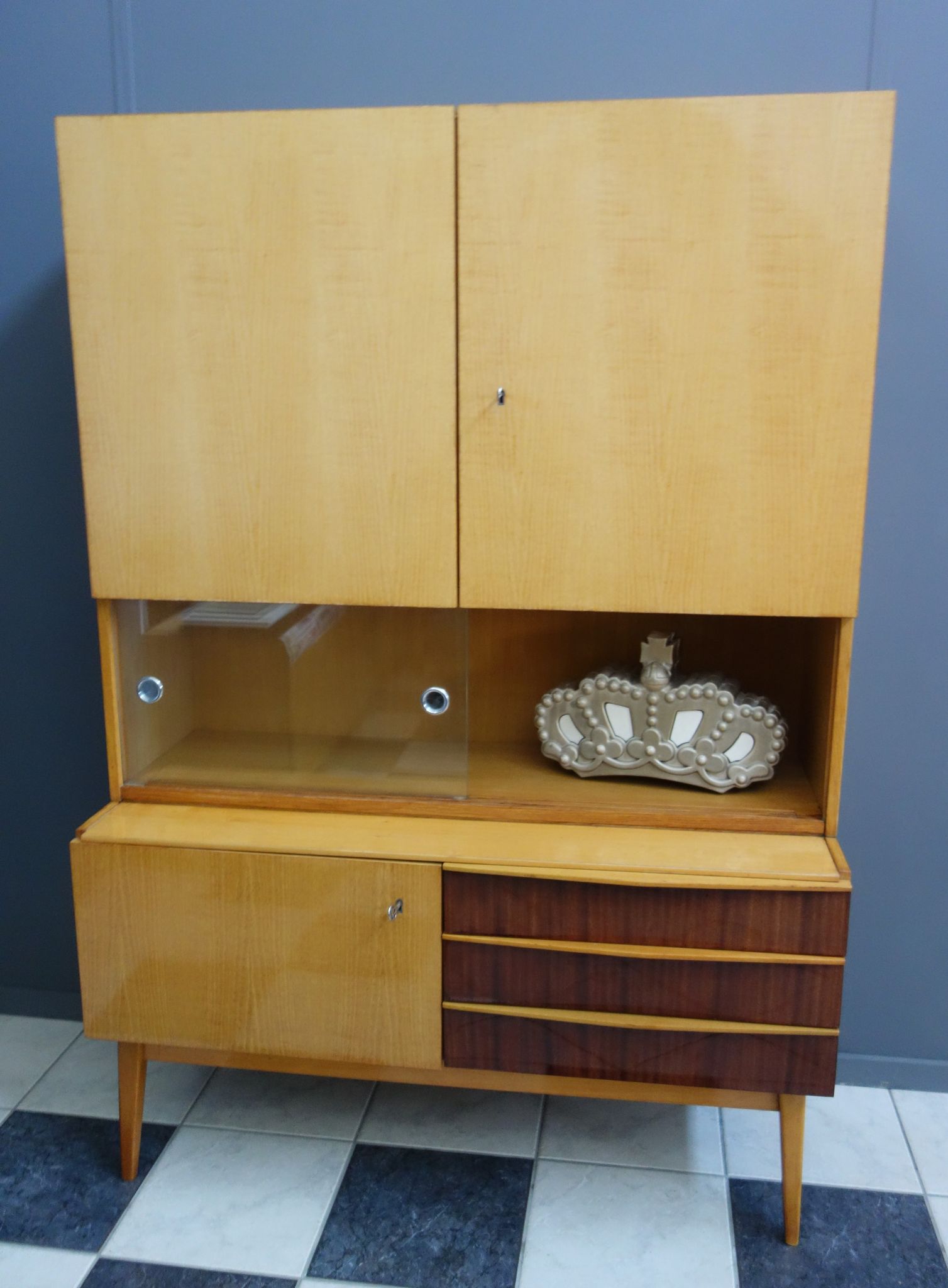 Highboard in two-tone wood with showcase part 1960s by Jitona Czech republic