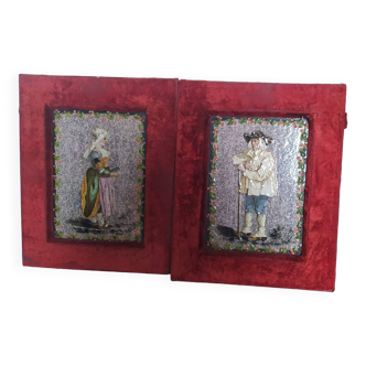 Early century enameled lava stone plaques