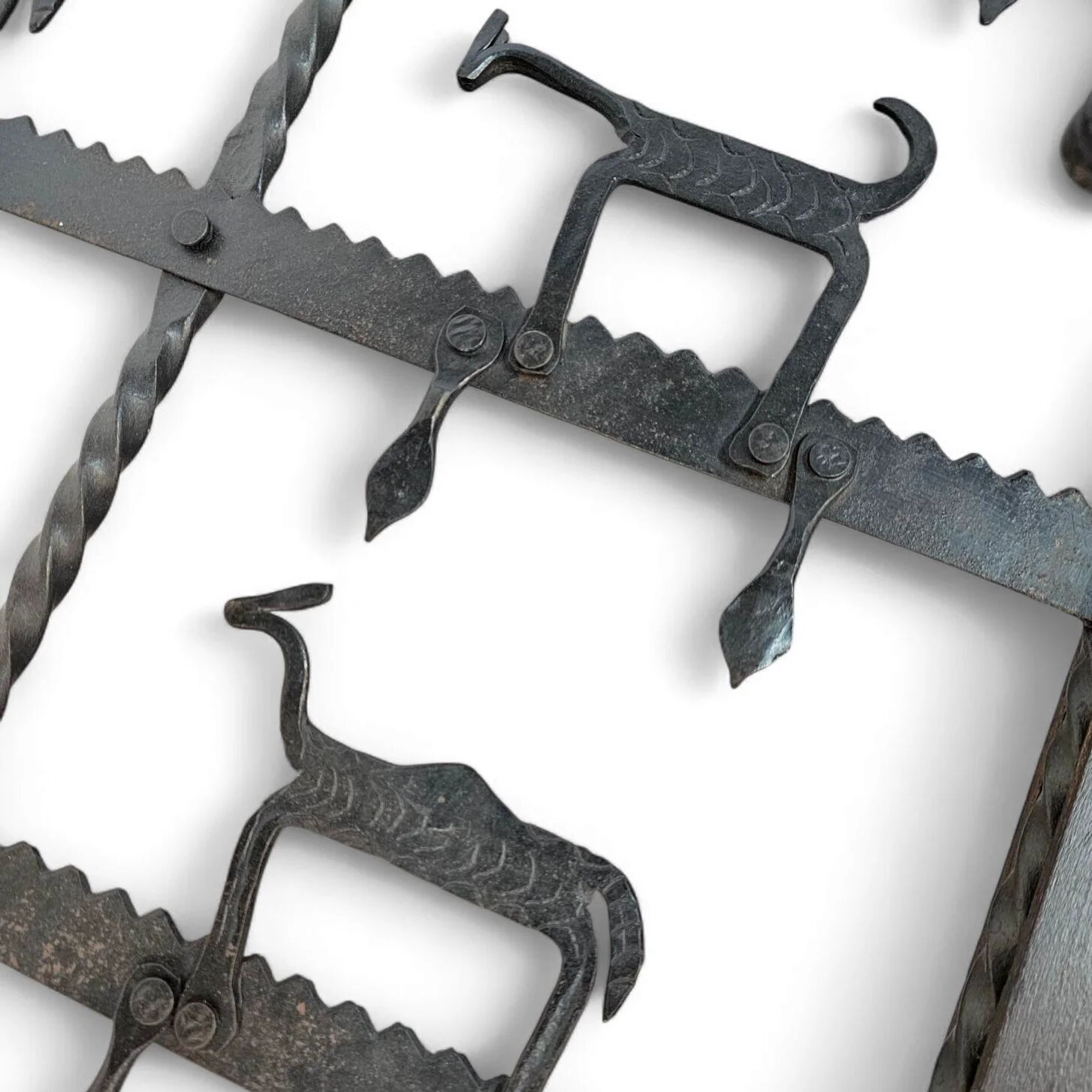French brutalist coffee table, forged wrought iron, shepherd with dog and his herd, 1970s, transparent glass top