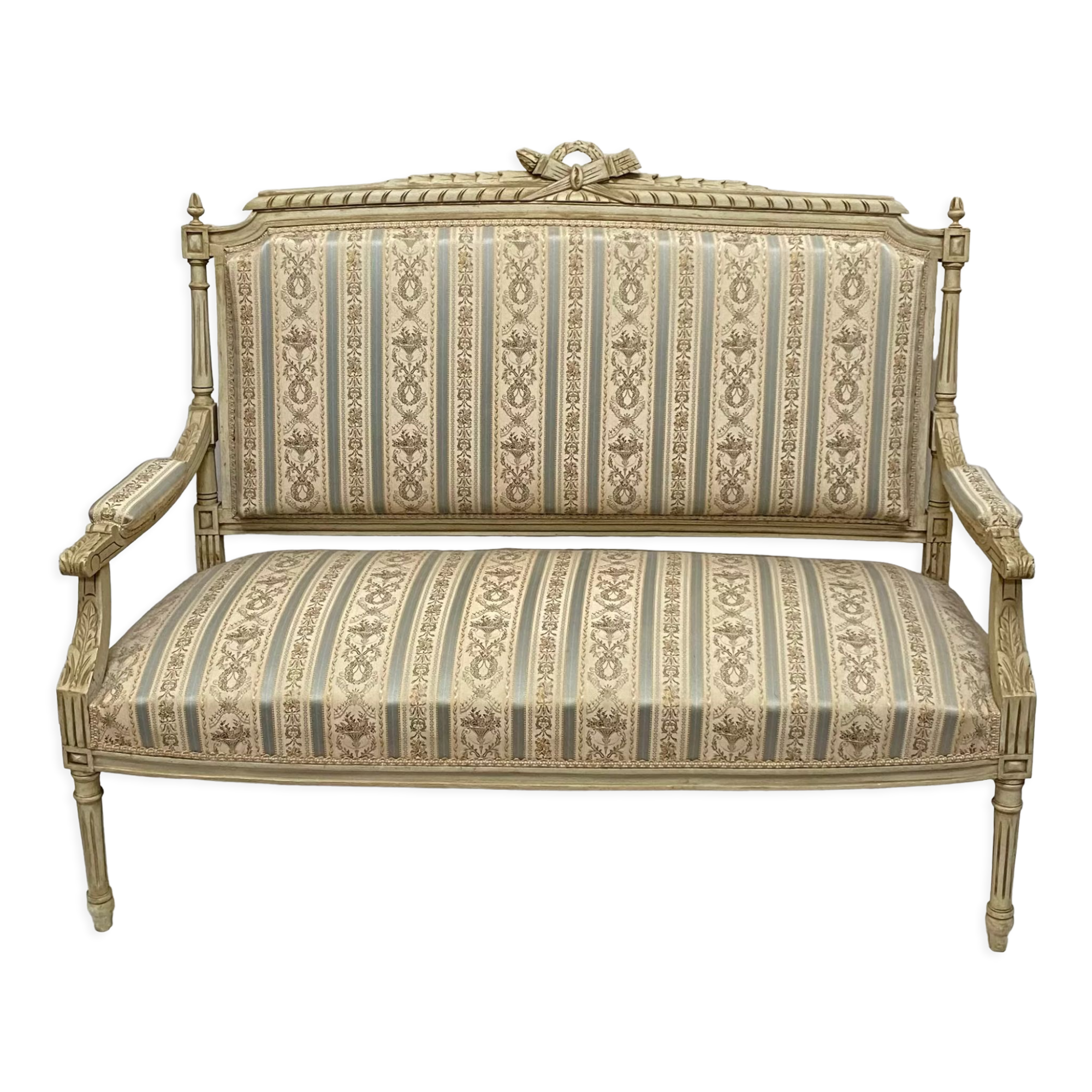 Louis XVI style bench carved with original fabrics and silks