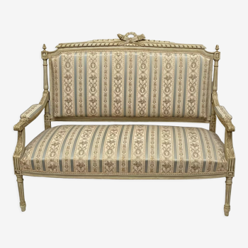 Louis XVI style bench carved with original fabrics and silks