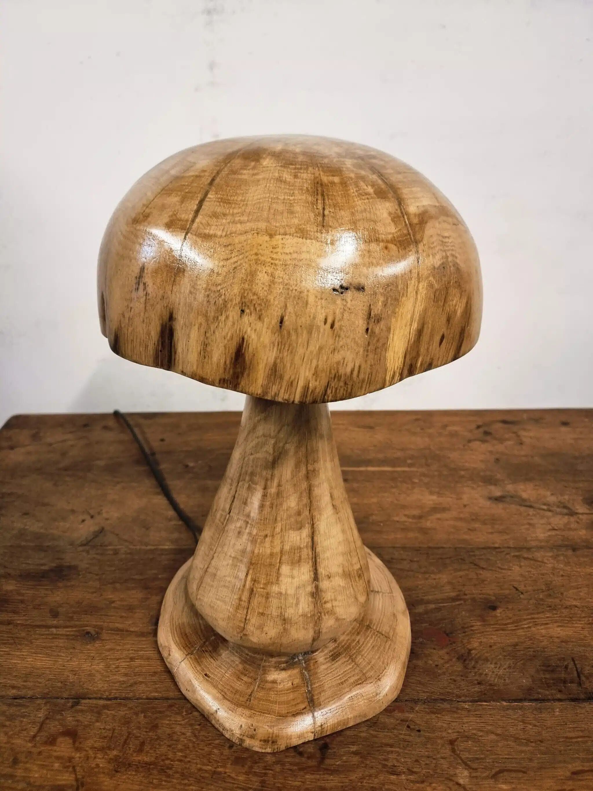 Hand-carved oak table lamp in the shape of a mushroom