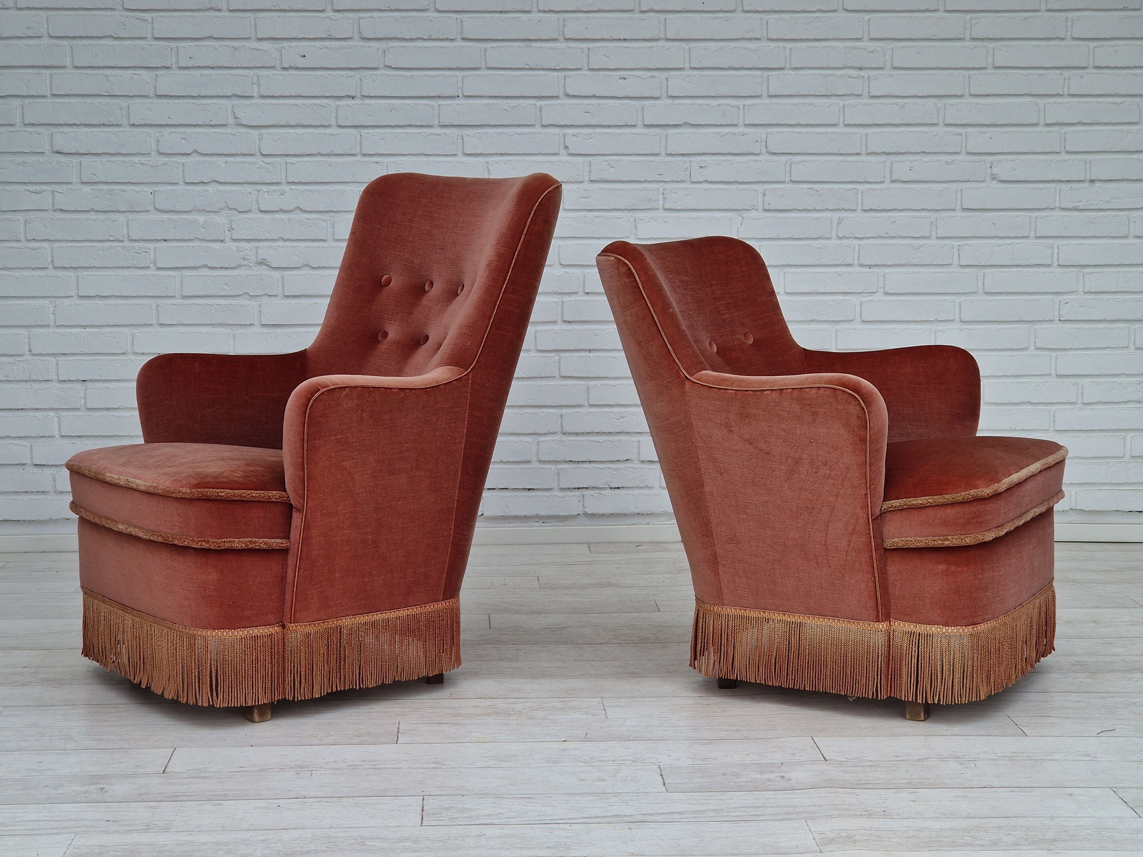 1970s, Danish set of two velour armchairs, original condition, beech wood.