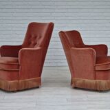 1970s, Danish set of two velour armchairs, original condition, beech wood.