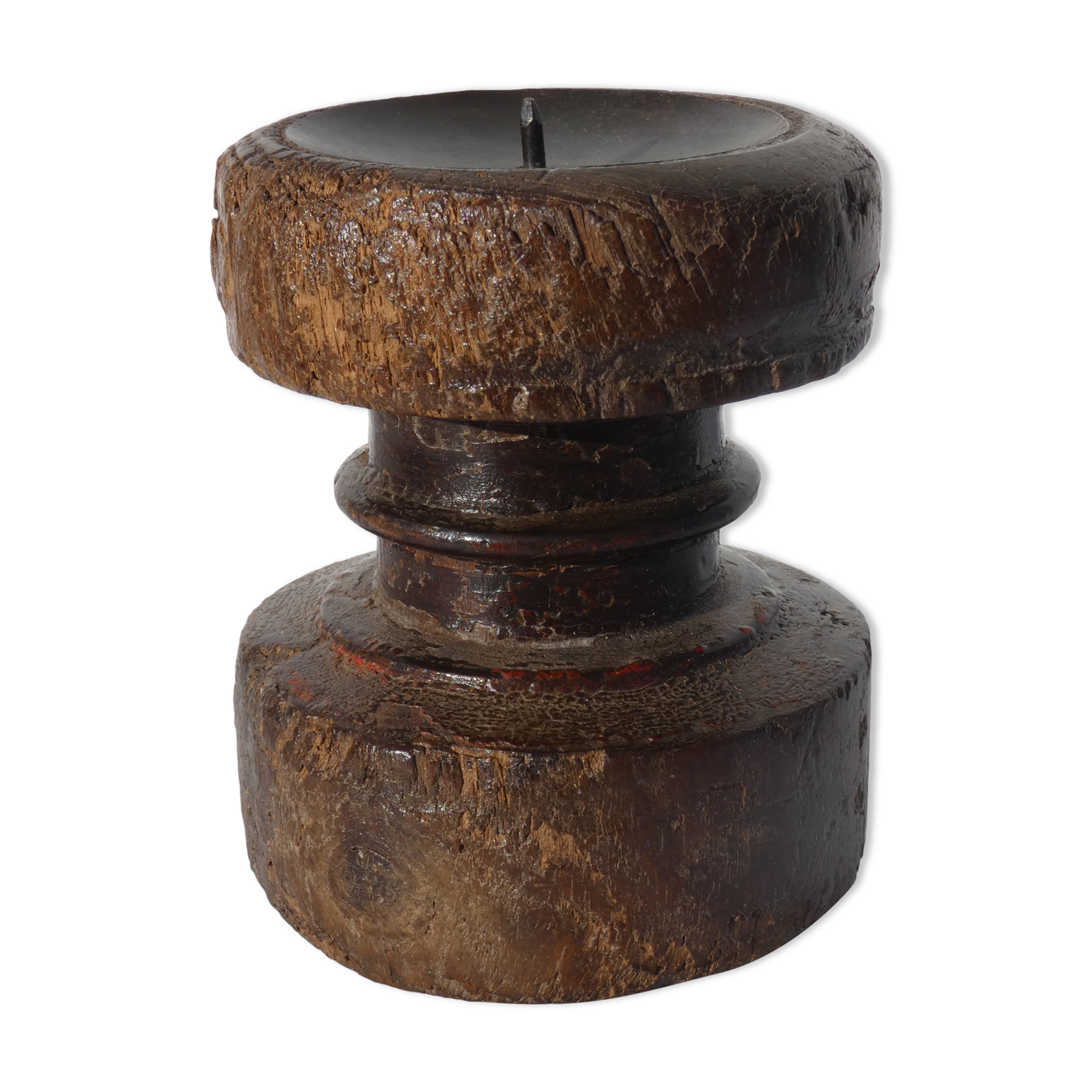 Candle holder round wood old teak patina of origin India