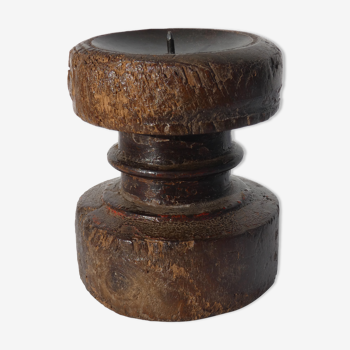 Candle holder round wood old teak patina of origin India