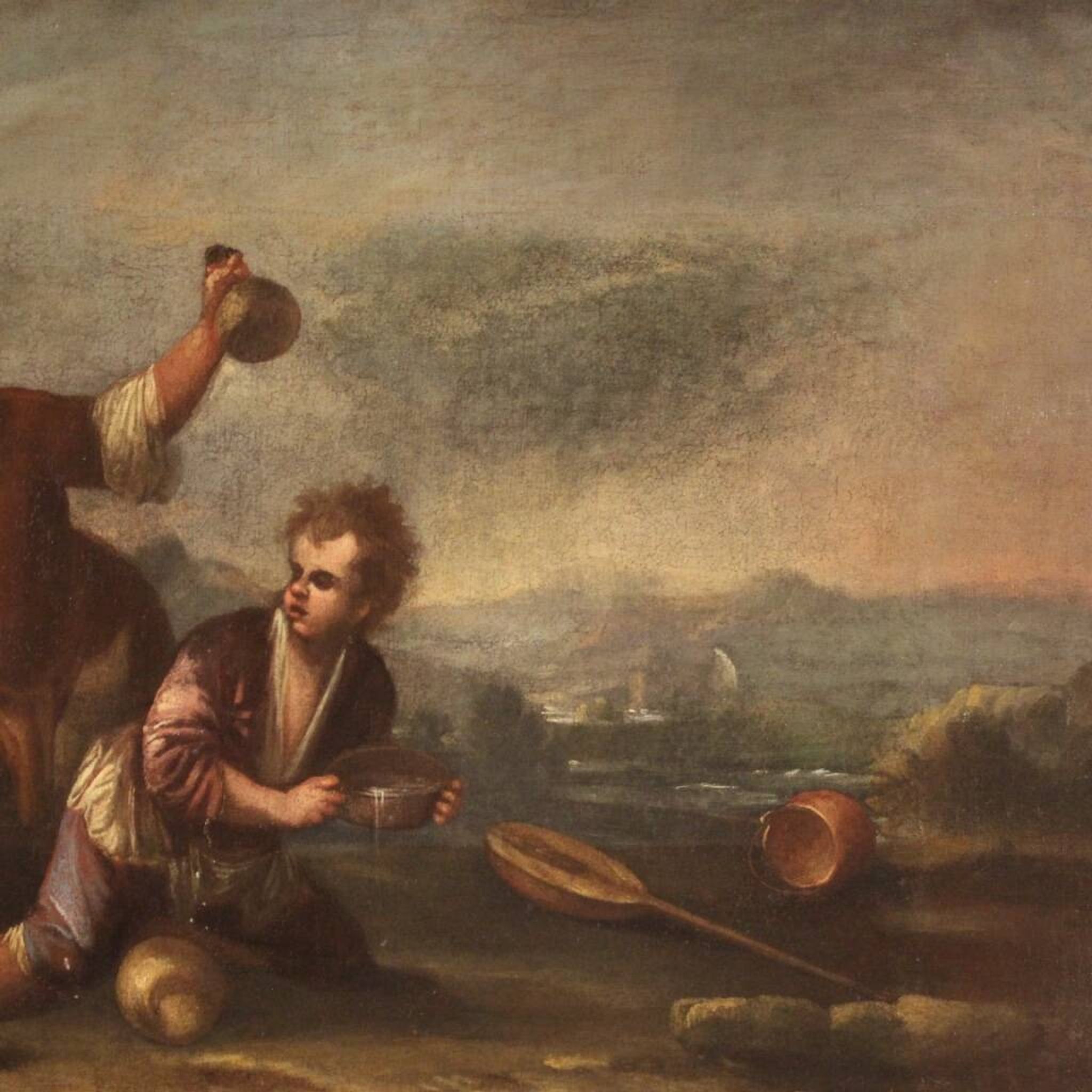 Painting oil on canvas landscape with children from the 18th century