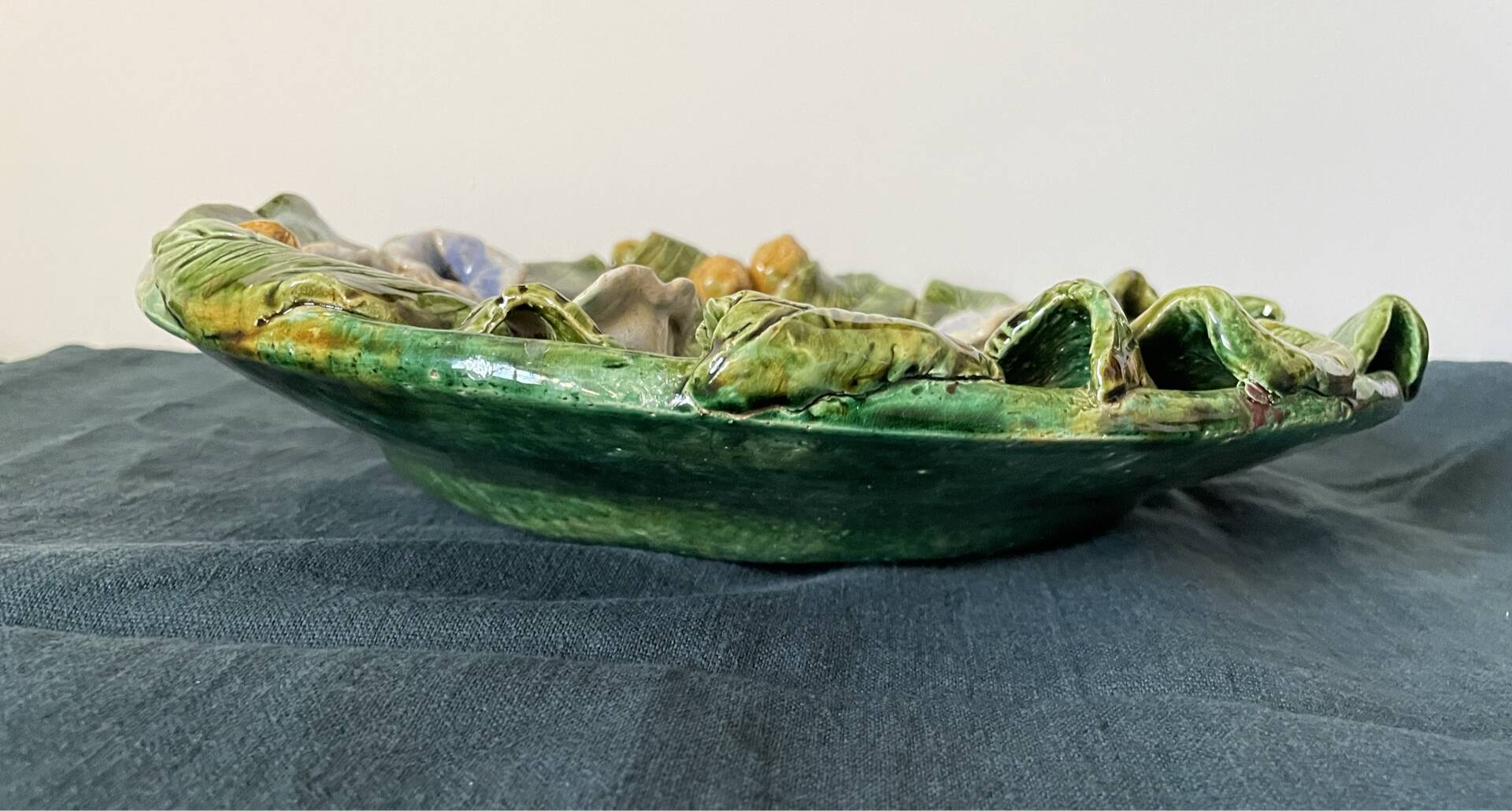 Old Hollow Round Plate in Majolica Barbotine Decorated with Bindweed and Nuts