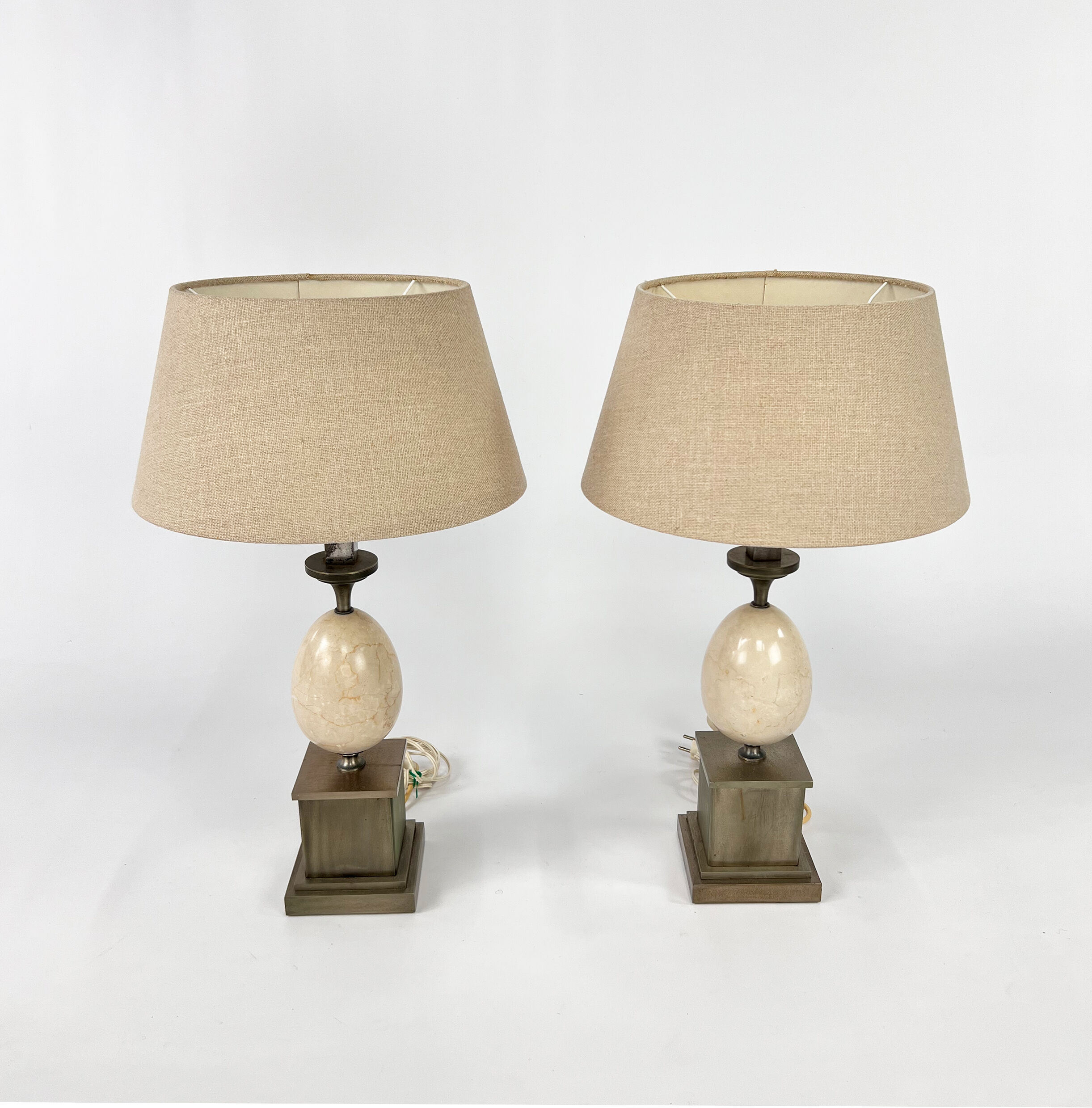 Set of 2 french marble and steel lamps 1970s