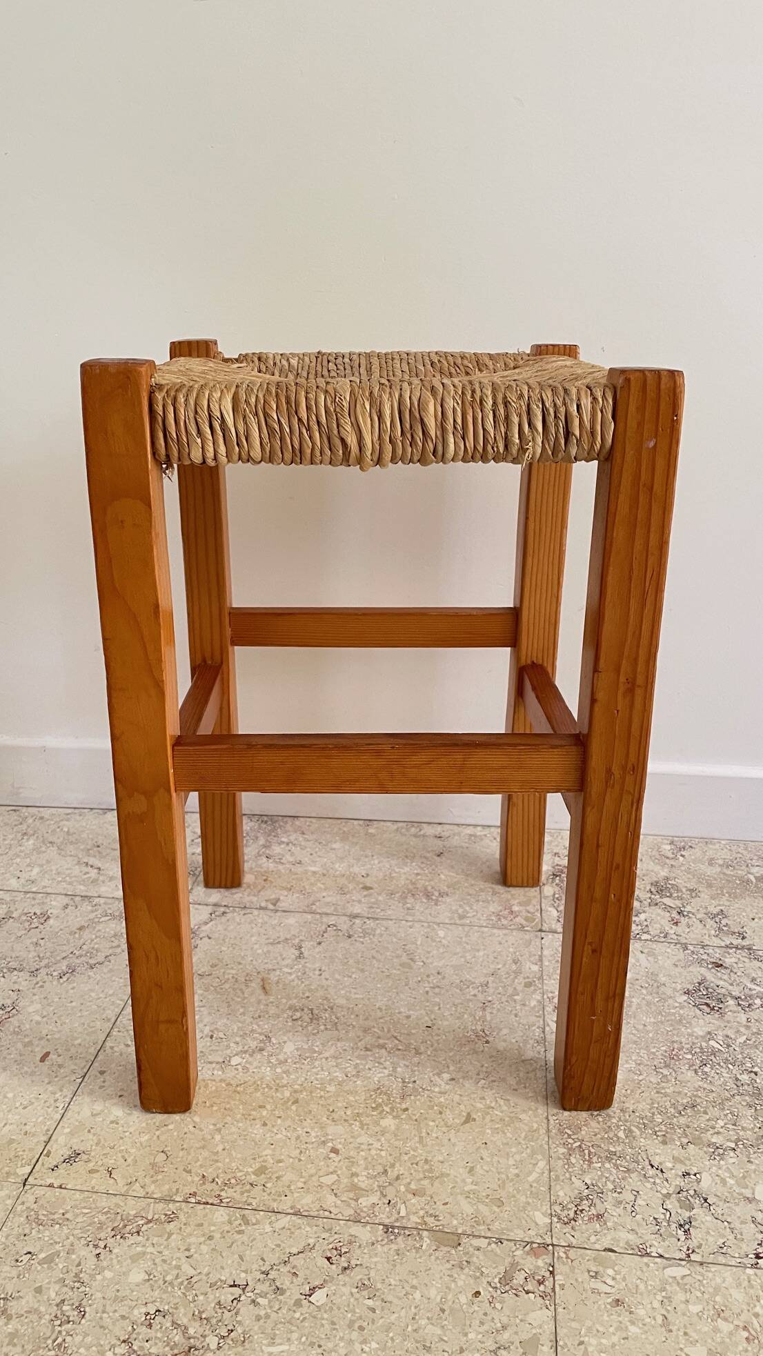 Pair of vintage wooden and straw stools