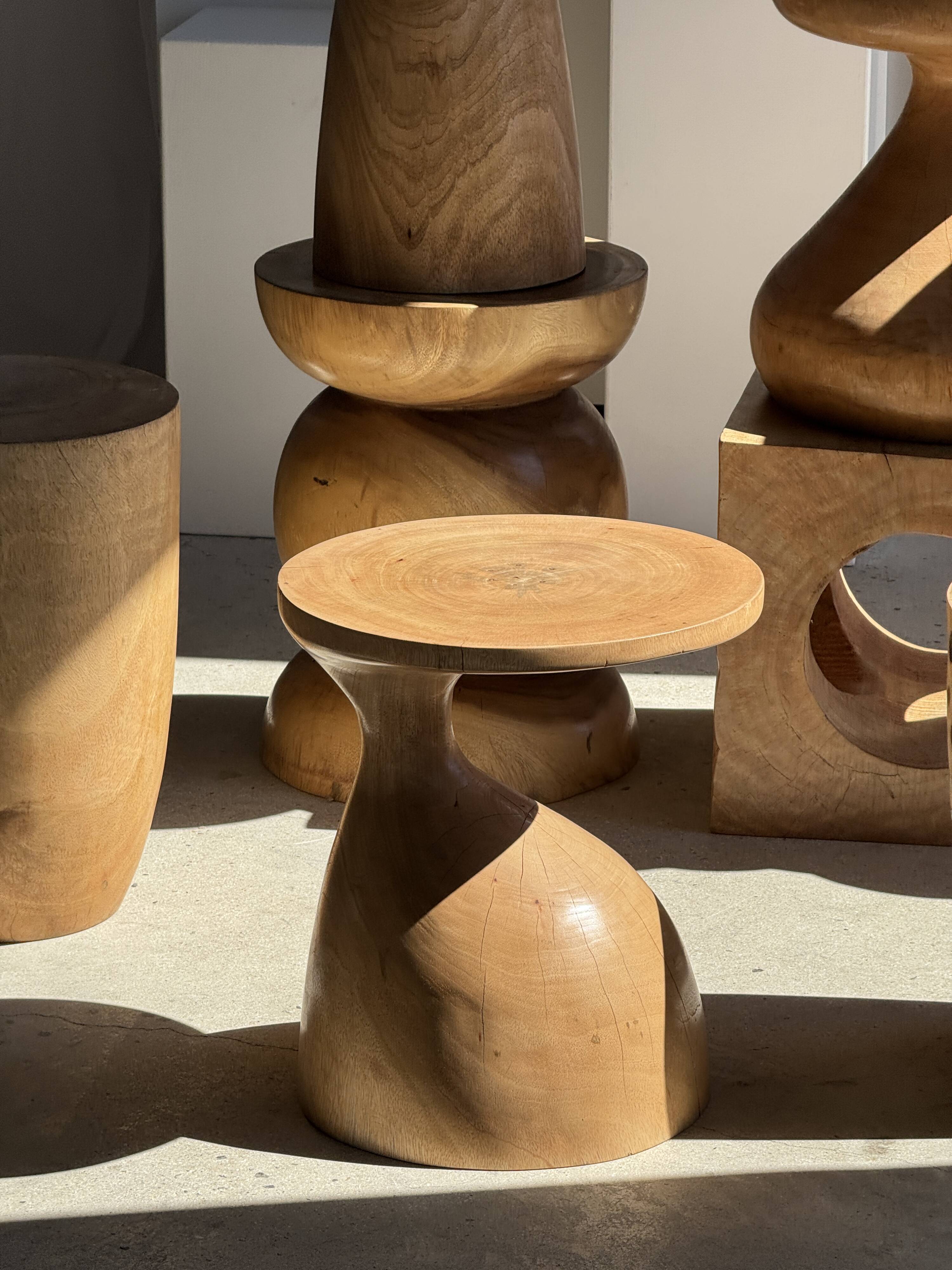 Stool, side table, cylindrical solid mango wood end table.