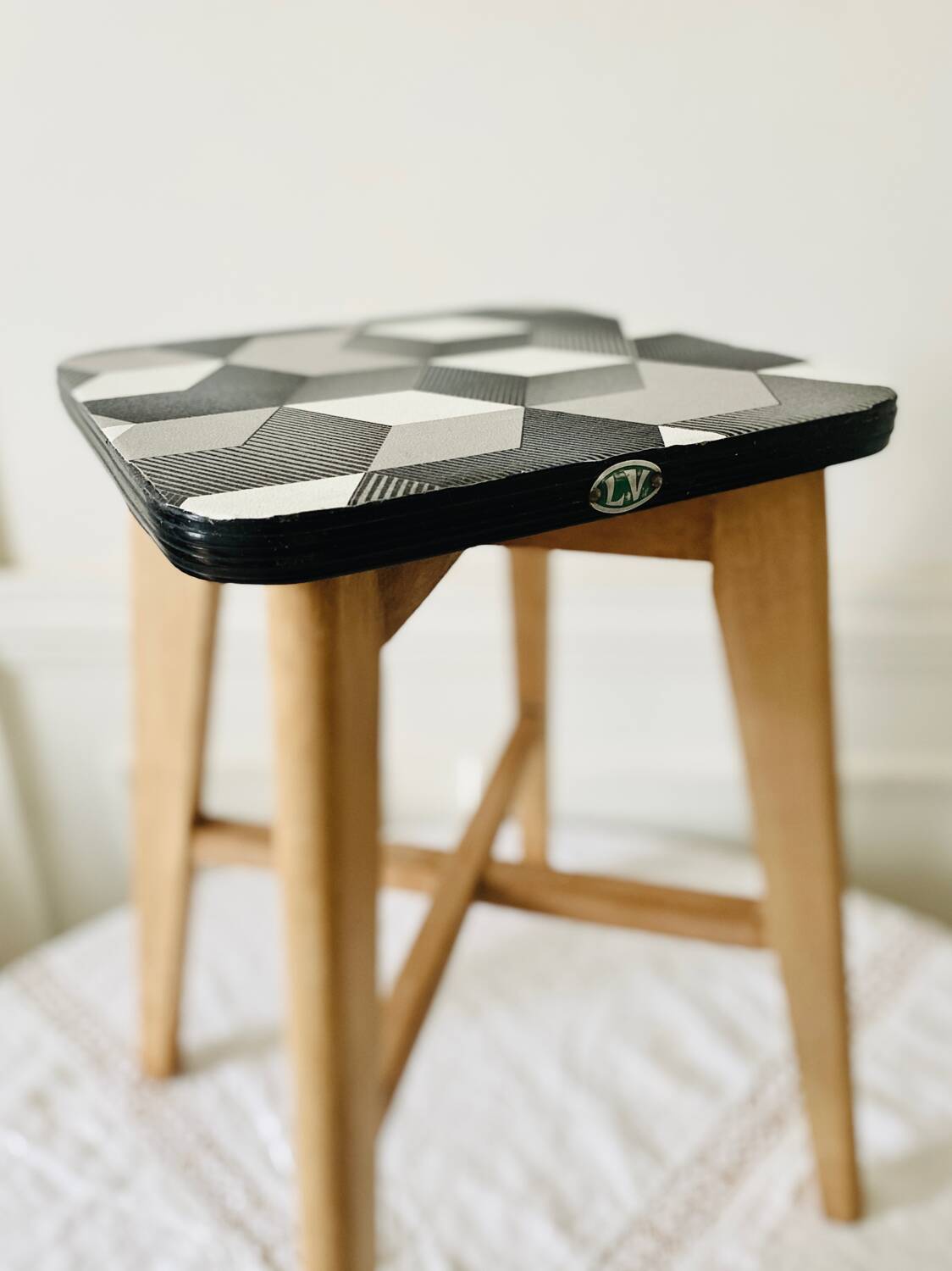 Vintage LV brand wood and formica stool from the 1950s