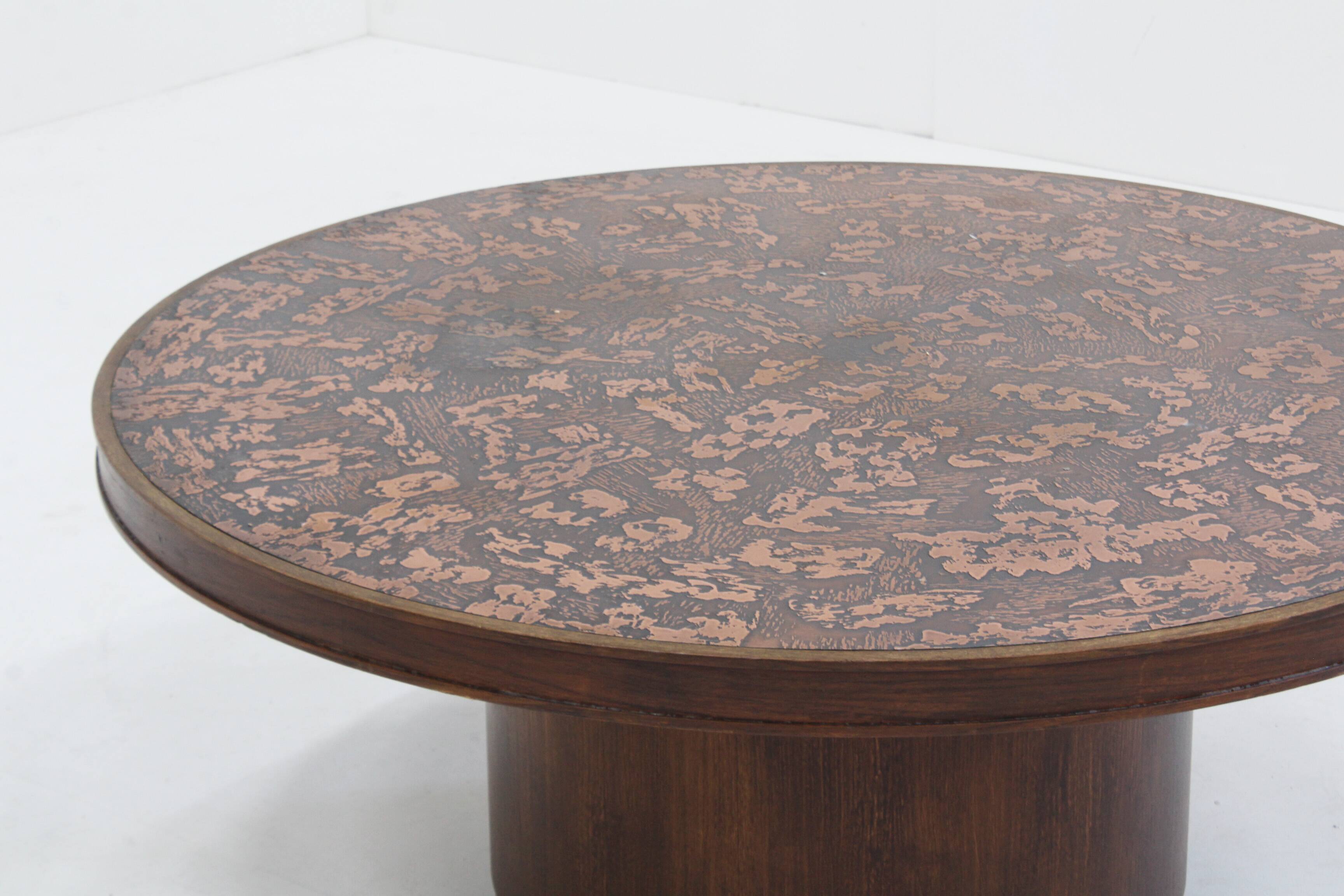 Vintage brutalist copper and wood round coffee table 1970s
