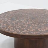 Vintage brutalist copper and wood round coffee table 1970s