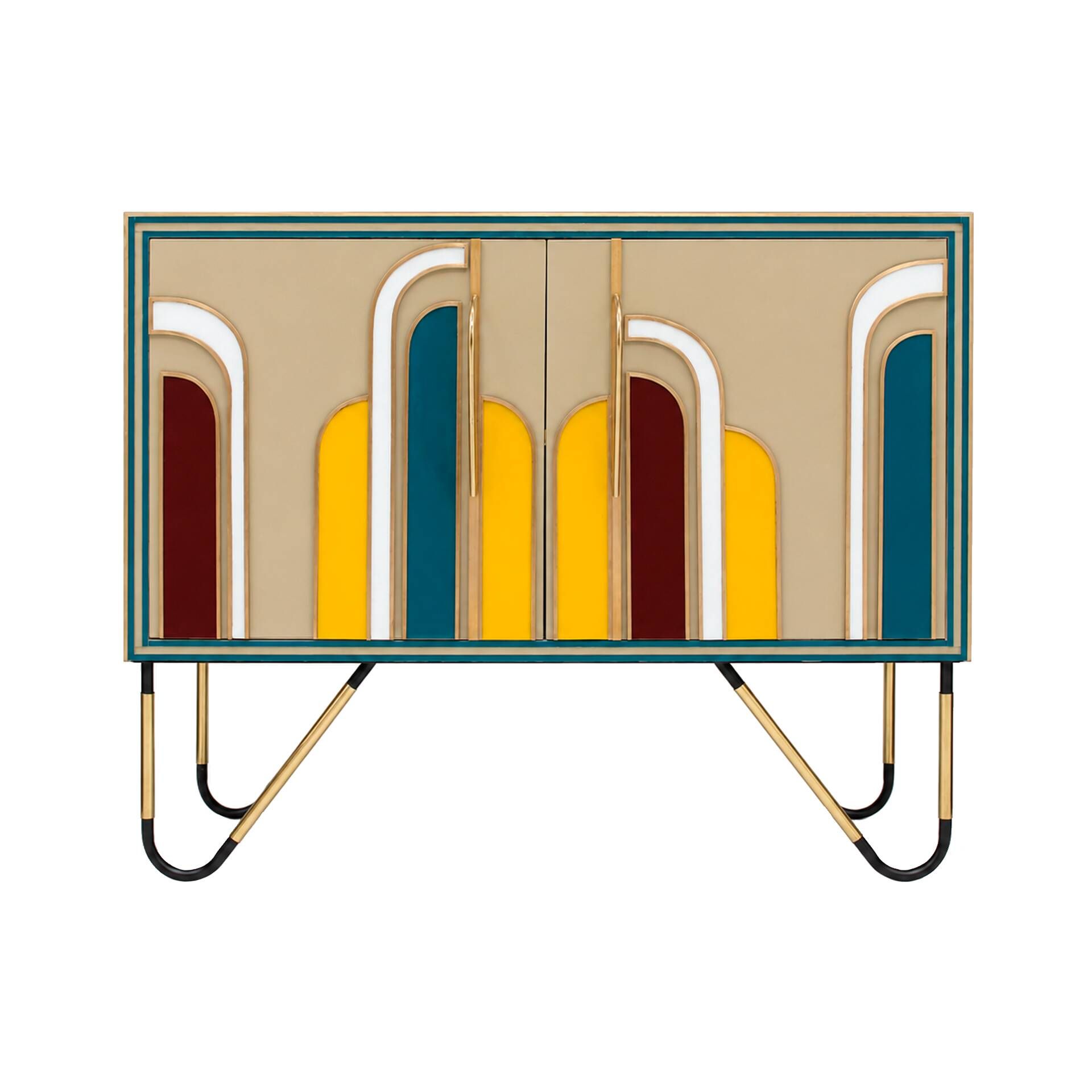 Mid-Century Modern Style Solid Wood and Colored Glass Italian Sideboard