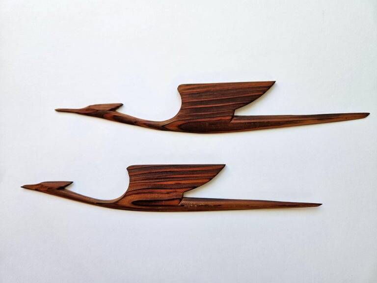 Pair of rare mid-century wooden wall sculptures representing birds and herons, Denmark, 1960s.