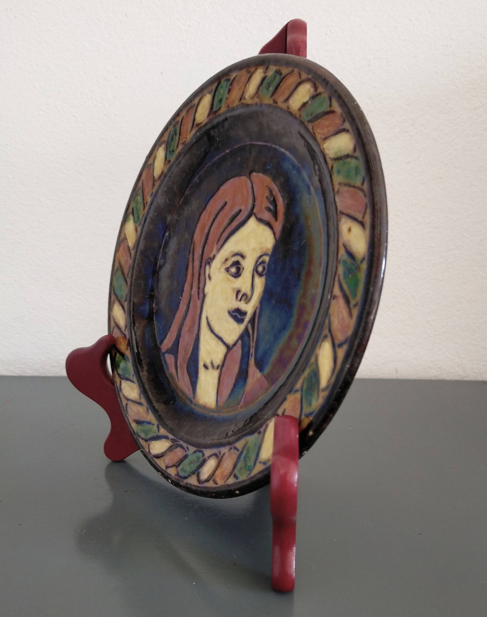Vintage Dauphiné glazed terracotta dish Portrait of a woman