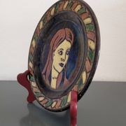Vintage Dauphiné glazed terracotta dish Portrait of a woman