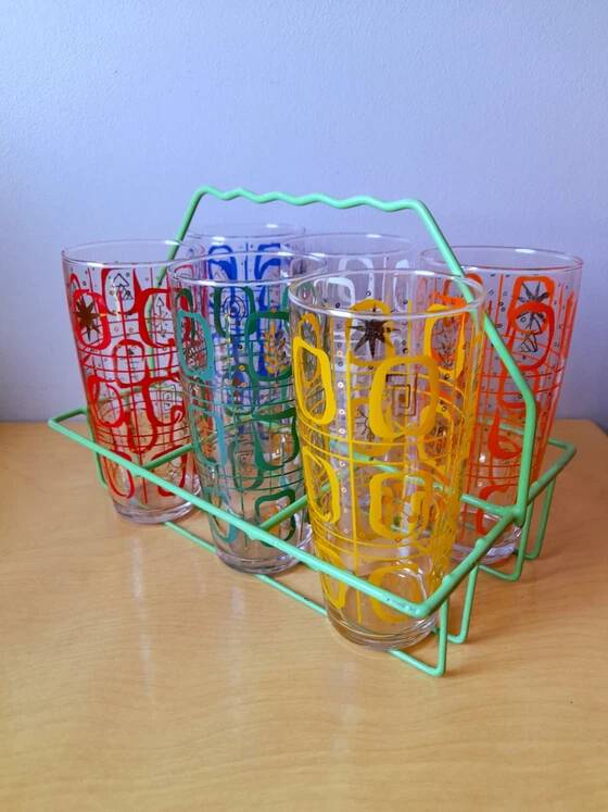 Set of 6 Screen-Printed Glasses 1960