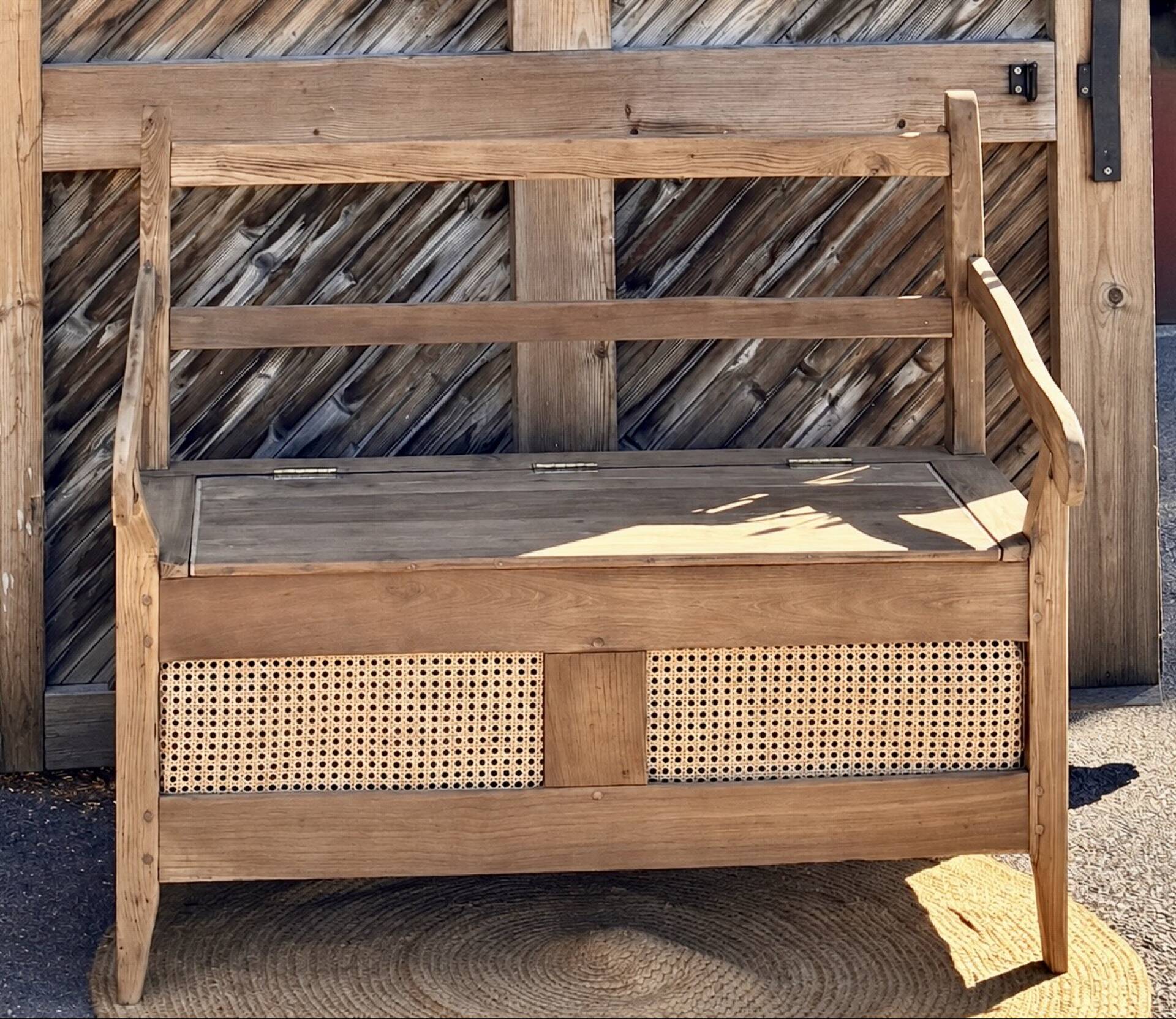 Antique oak solid wood bank with caning.