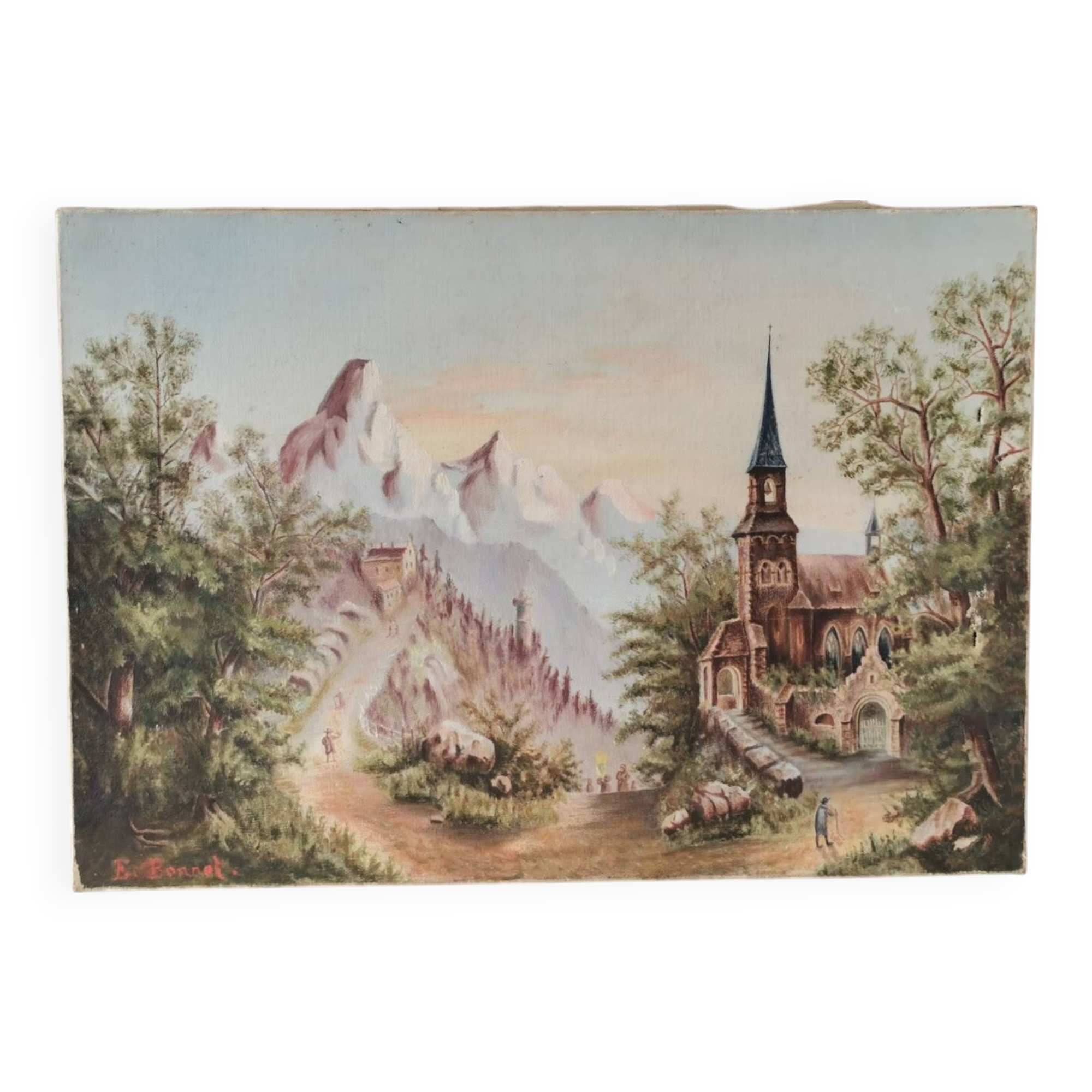 Oil / canvas Landscape of a mountain village from the 19th century François Bonnet (1811-1