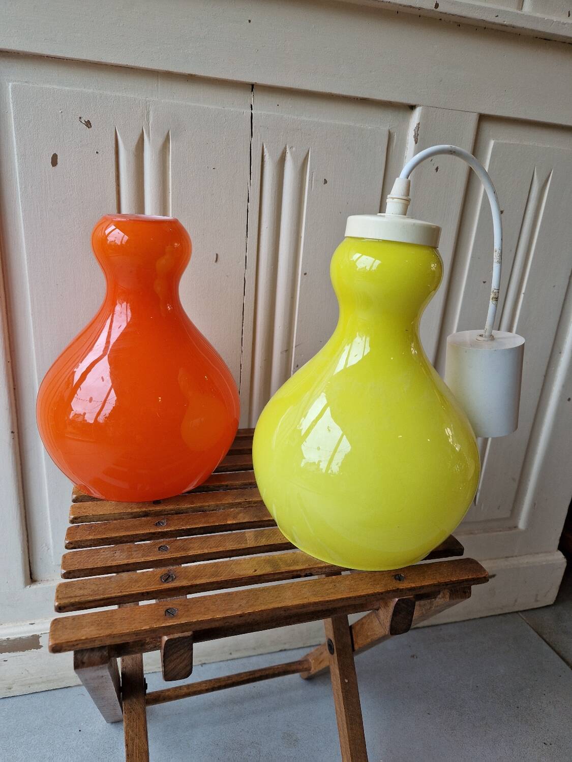 Set of 2 Yellow and Orange Opaline Chandeliers