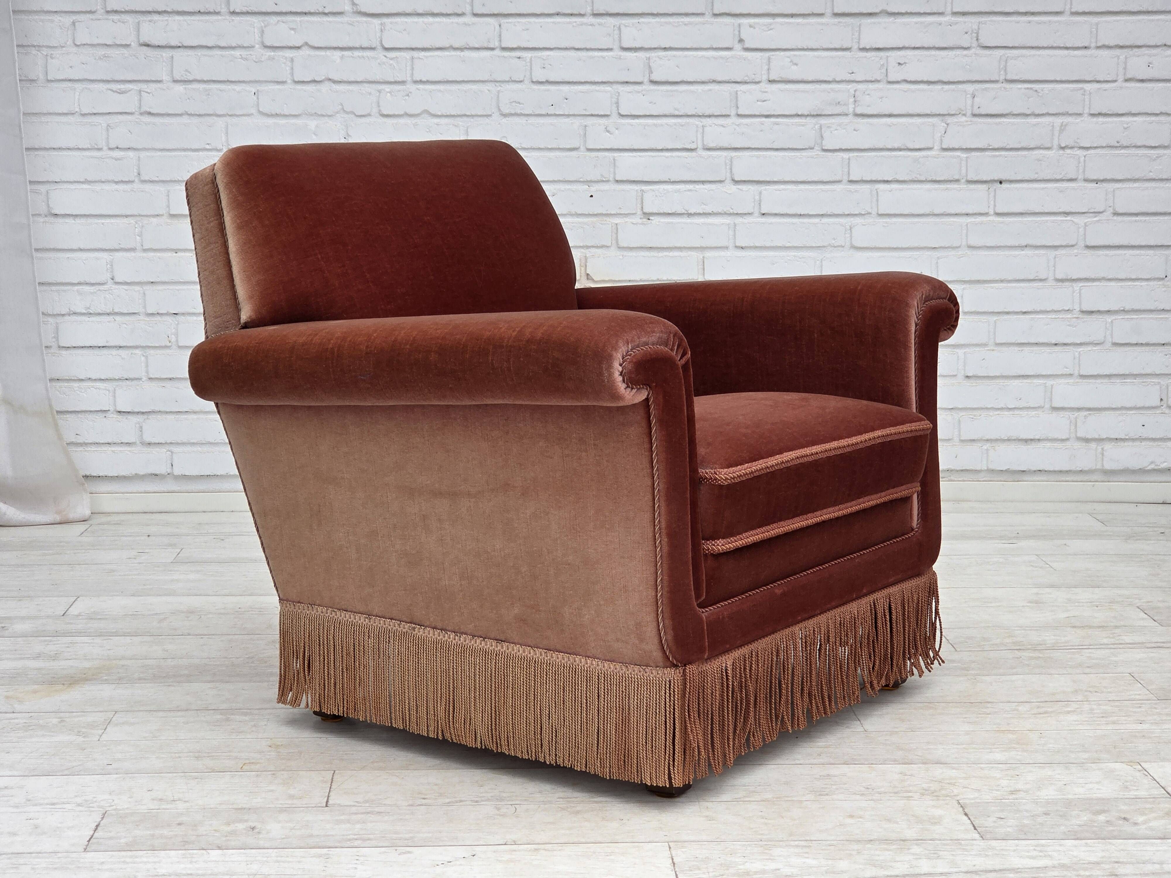 1970s, Danish armchair, salmon pink furniture velour, beech wood.
