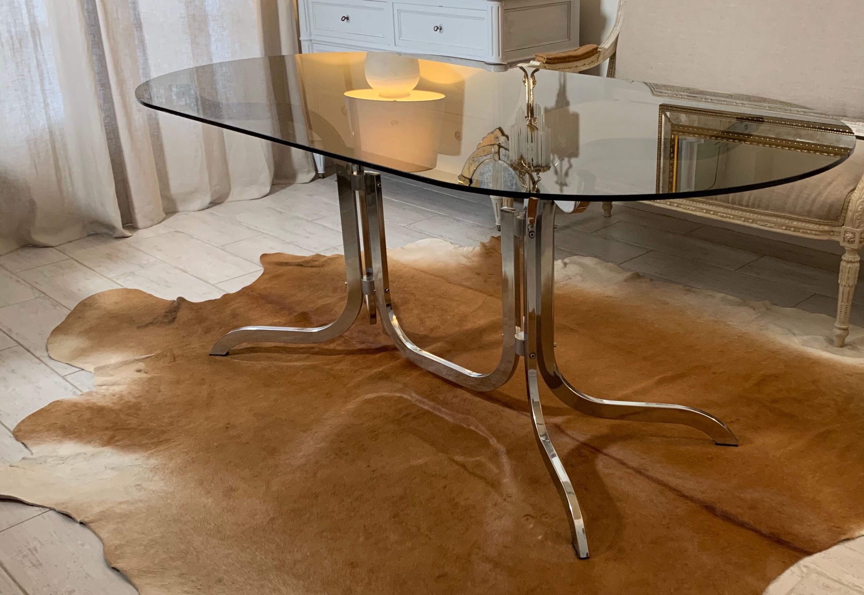 Vintage table in smoky glass chrome metal footing