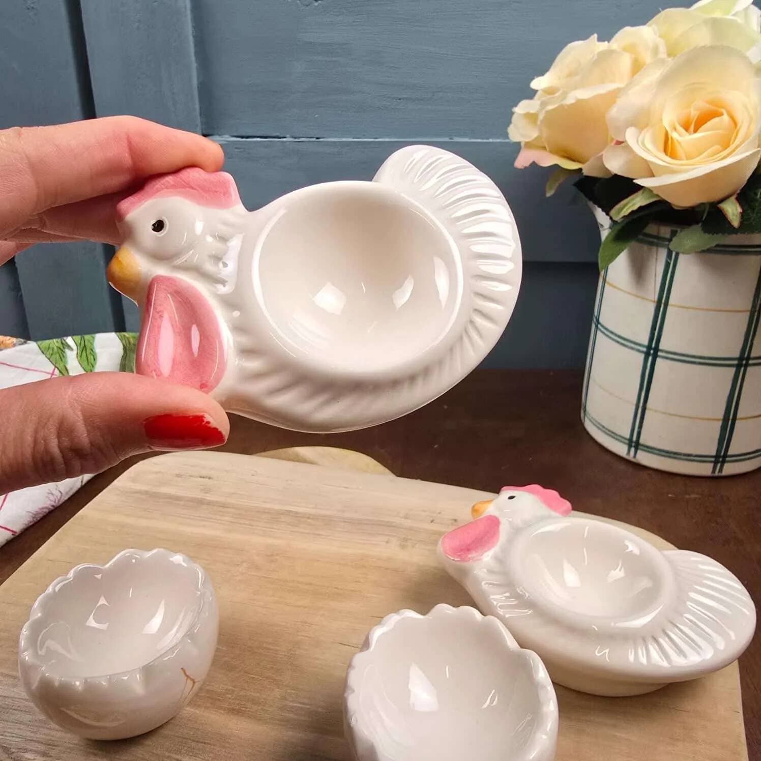 Vintage egg service for 2: Chicken egg cups & shells + fabric hats