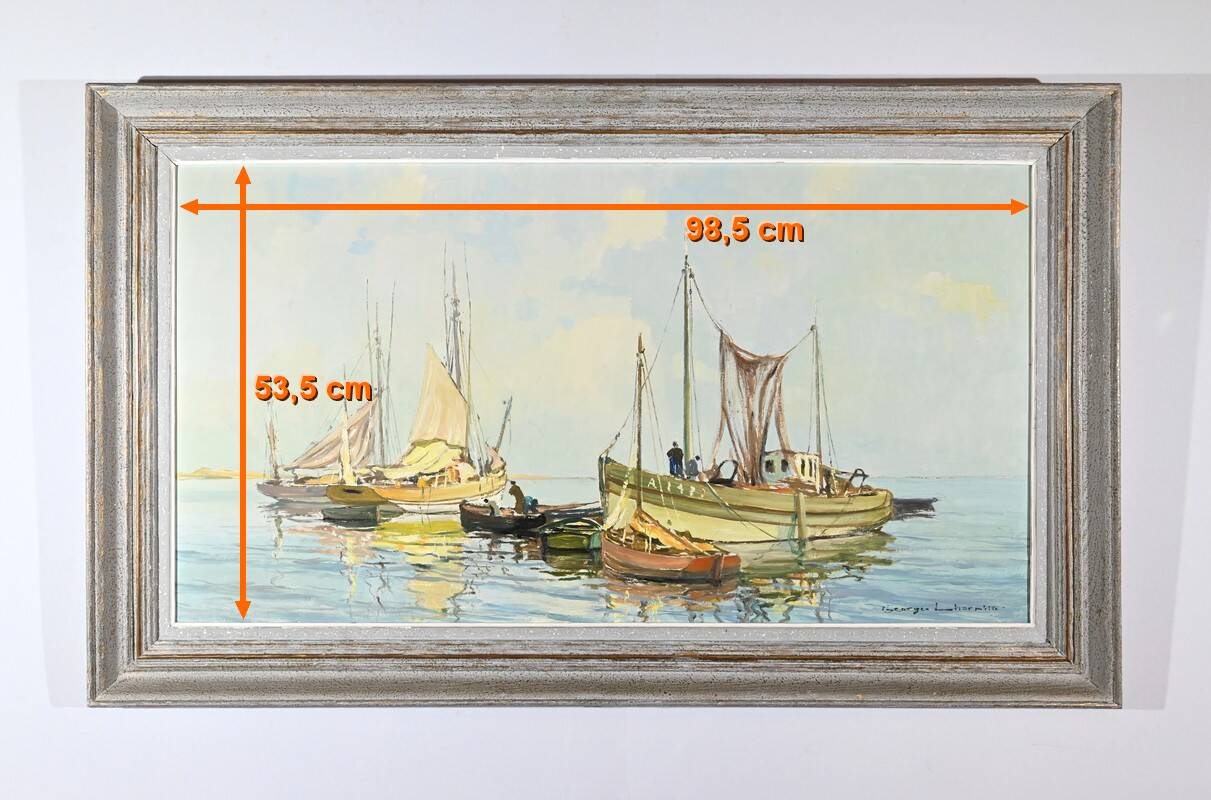 Oil Painting on Hardboard “Trawler and Tuna Boats”, signed G.Lhermitte – Mid 20th century
