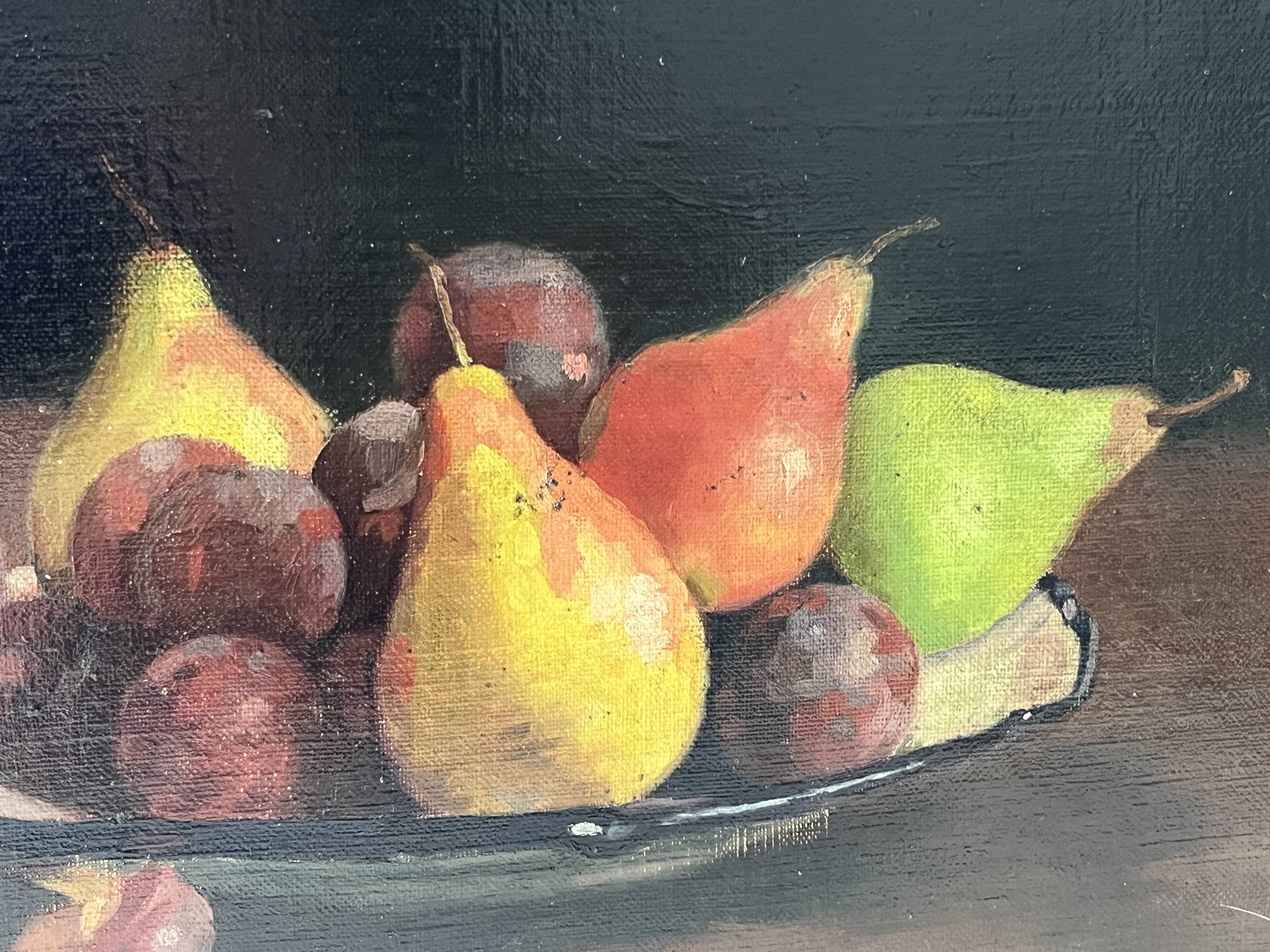 Oil on canvas of a still life with pears 1911, antique framed painting