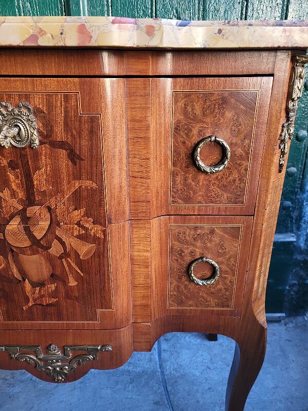 Chest of drawers transition Louis XVl marquetry marble top