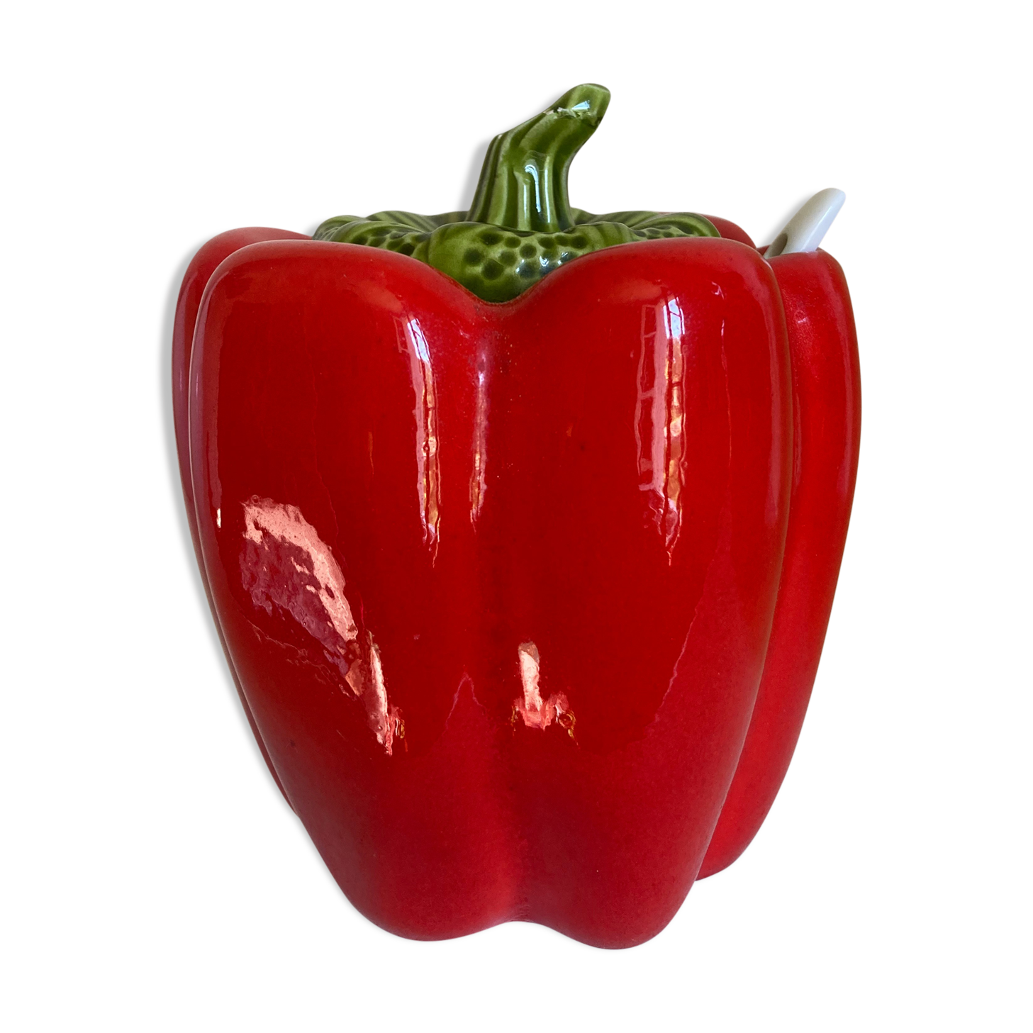 Vintage pepper slip / red and green ceramic covered pot / sugar bowl