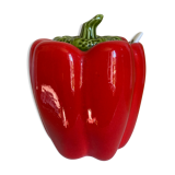 Vintage pepper slip / red and green ceramic covered pot / sugar bowl