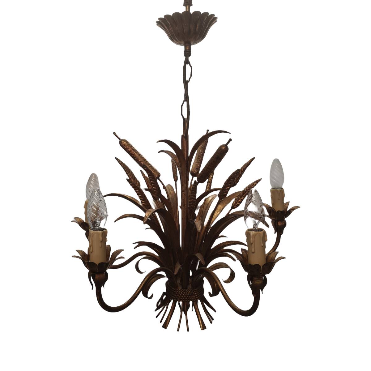 Lustre vintage doré en forme de maïs et de quenouilles, 5 lumières, années 1960