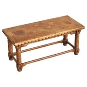 Brutalist coffee table in solid oak, metal, and patinated leather, 1940s.