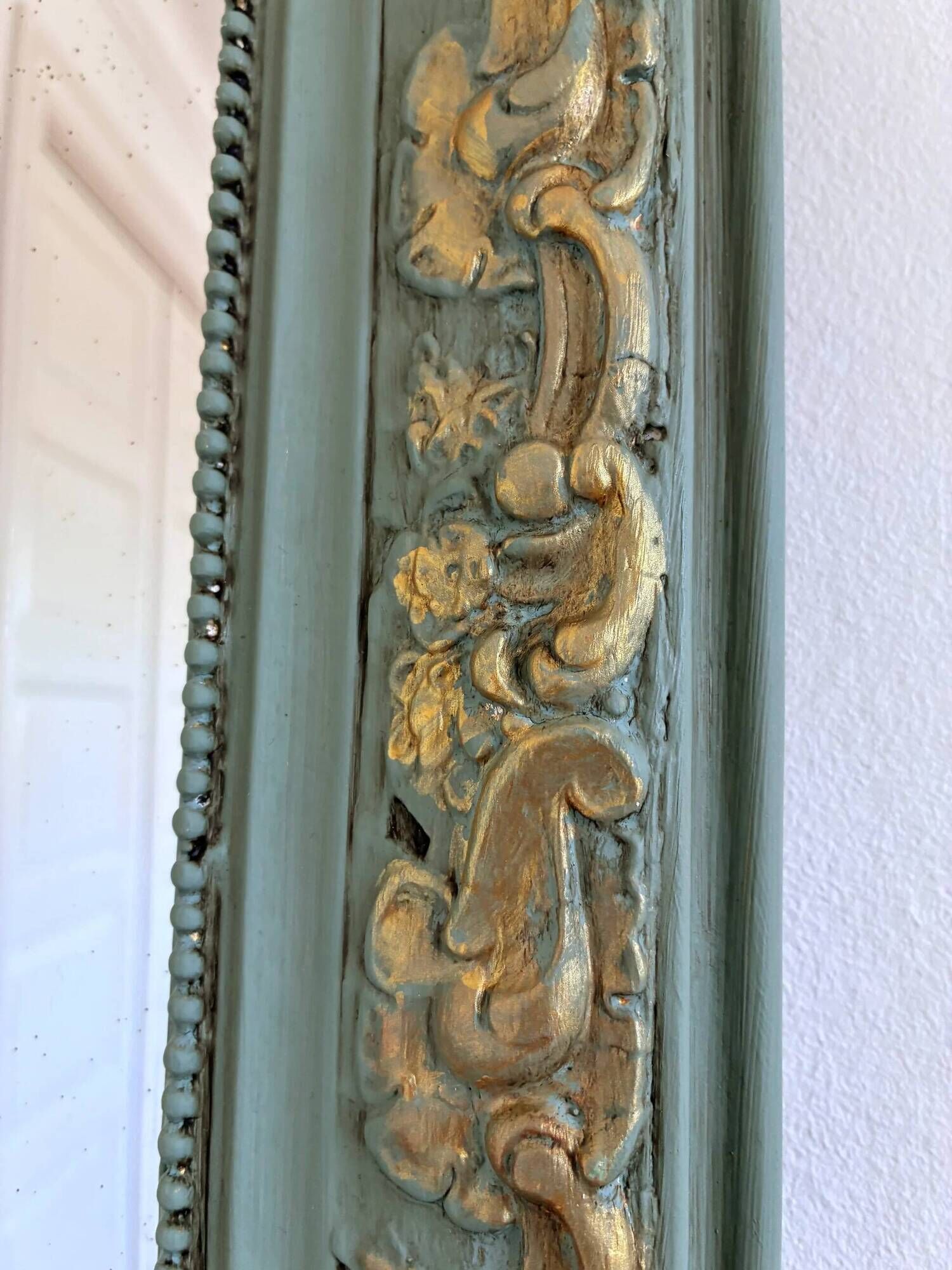 Large antique French Louis Philippe mirror – green and gold, late 19th century