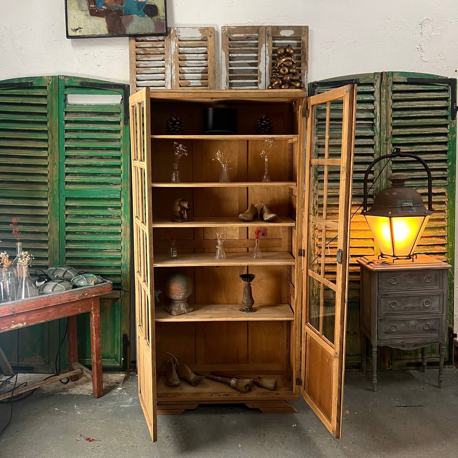 Vitrine vintage petit carreaux en chêne