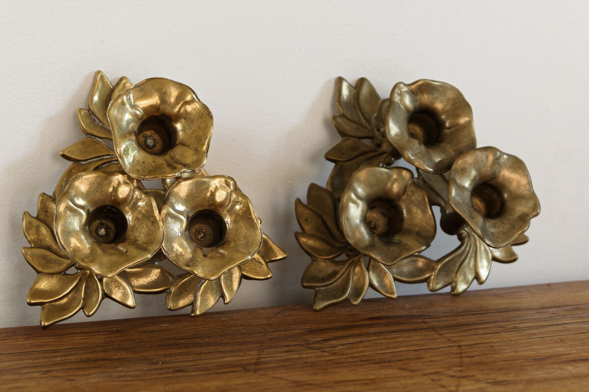 Pair of triple brass candle holders