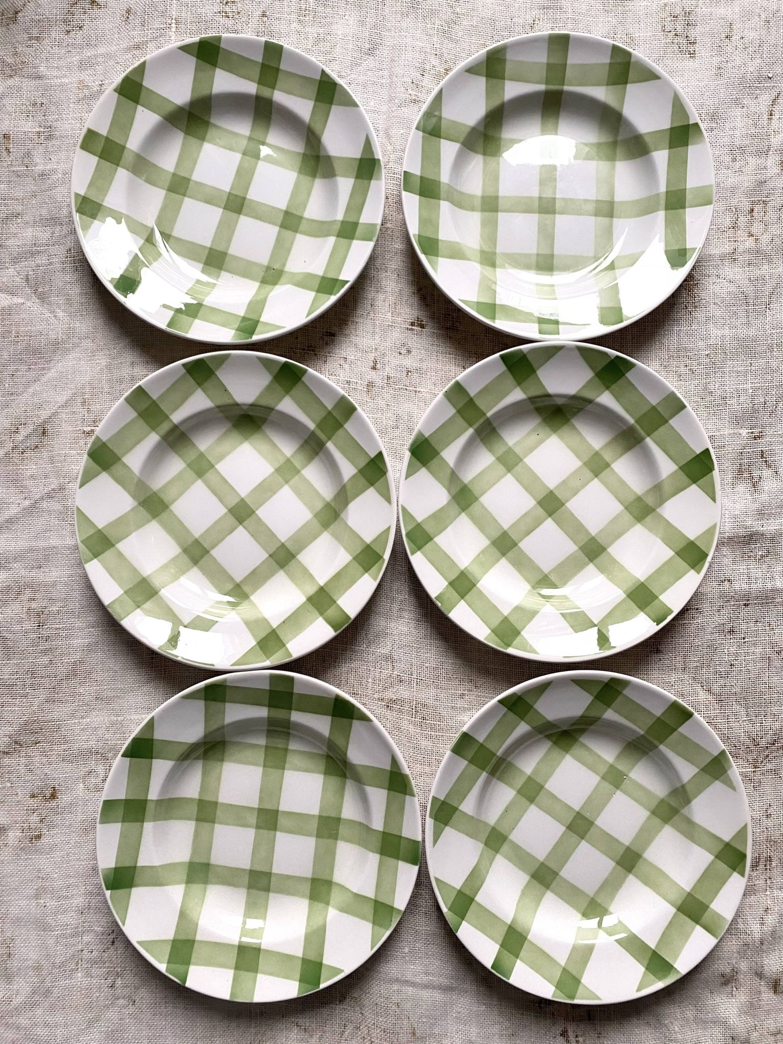 Moulins des loups soup plates, green grid