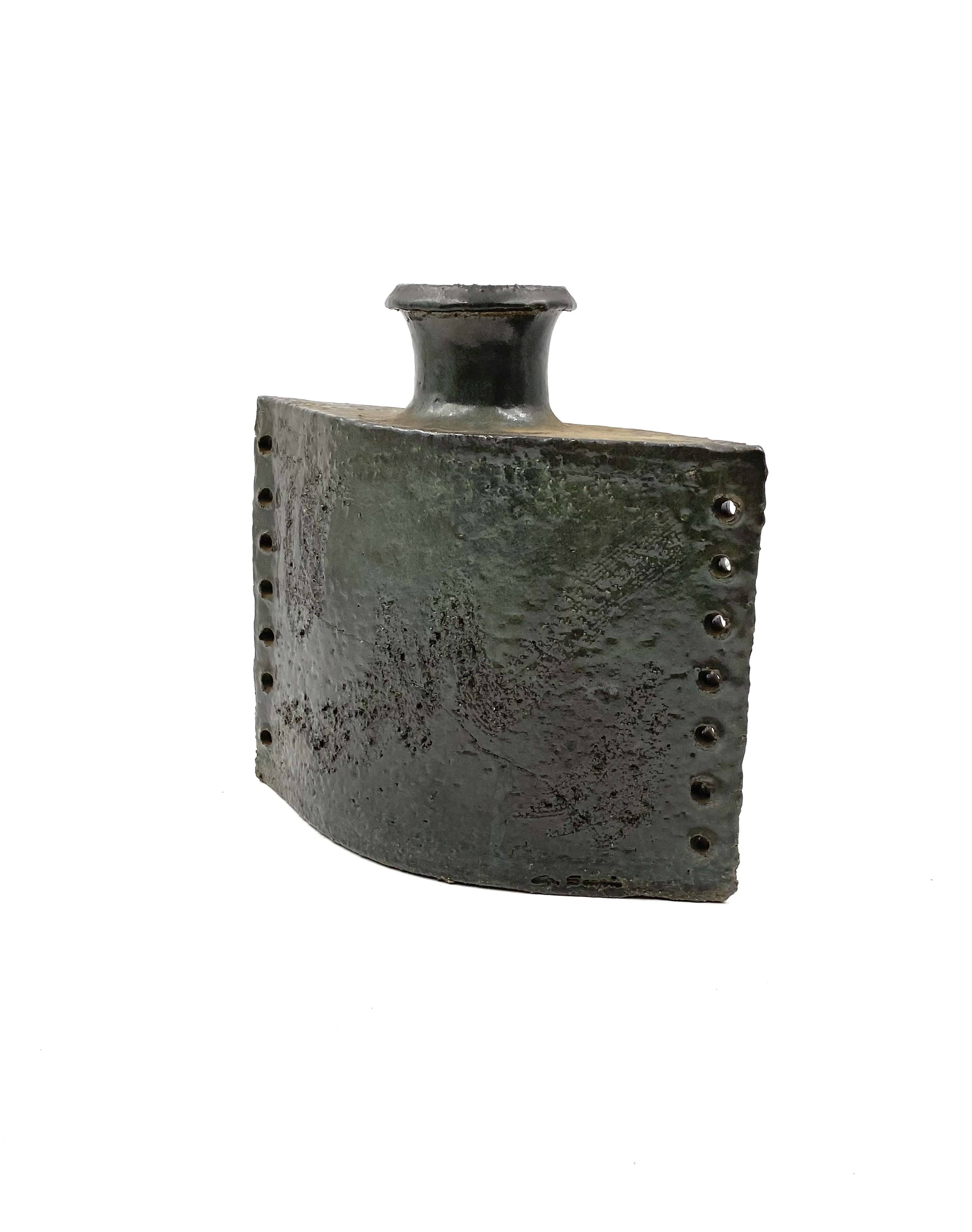 Dark green brutalist ceramic vase, Italy 1980s