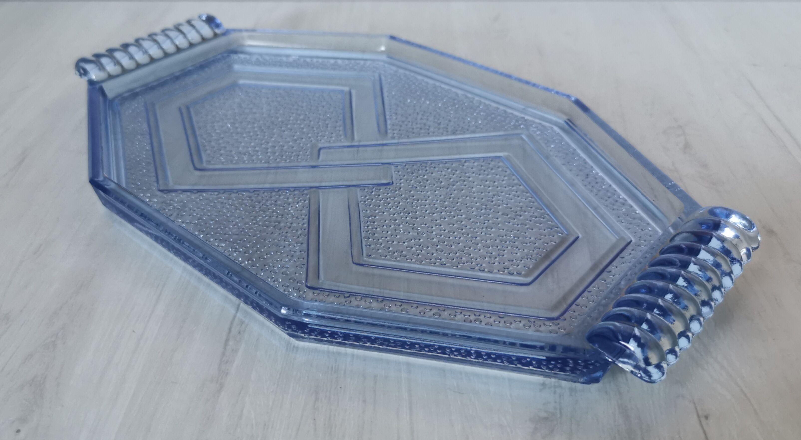 Art deco blue pressed glass tray