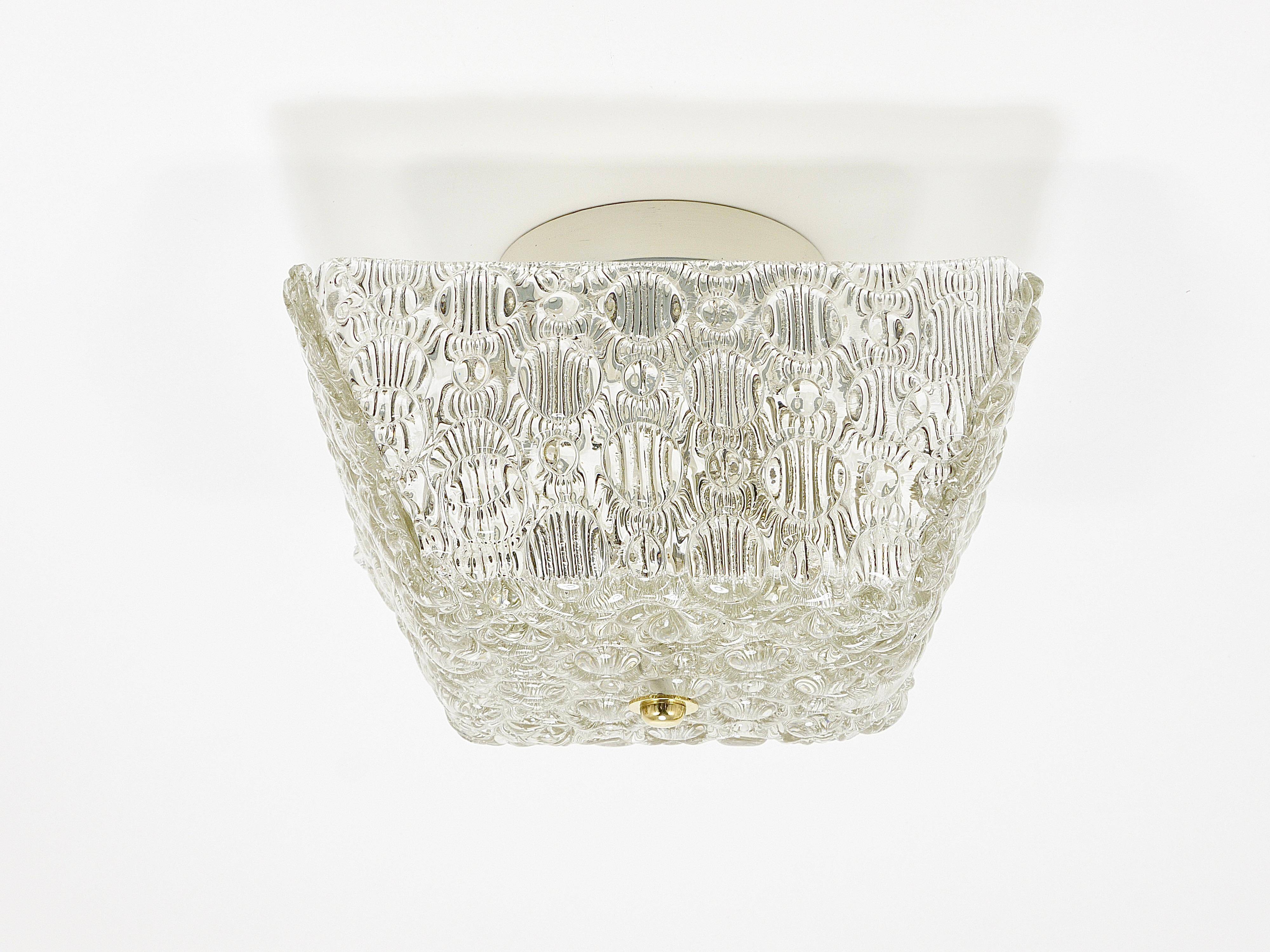 J.T. Kalmar Square Applique Ceiling Light in Brass and Textured Glass, 1950s