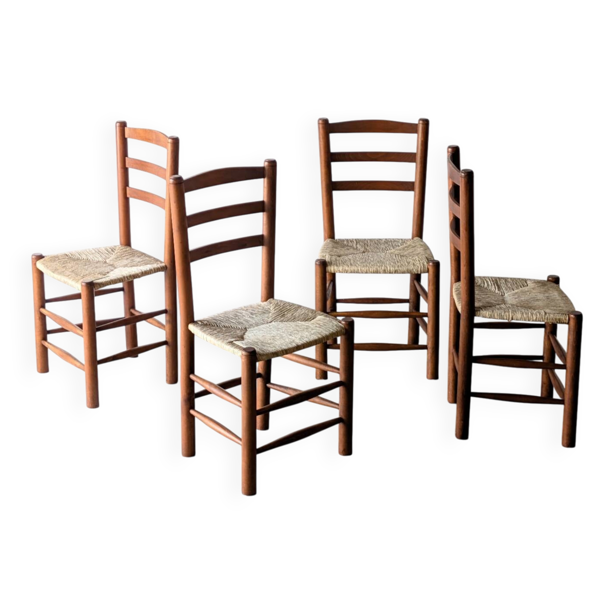 4 vintage brutalist wooden chairs by C. Perriand, 1960s 1970s