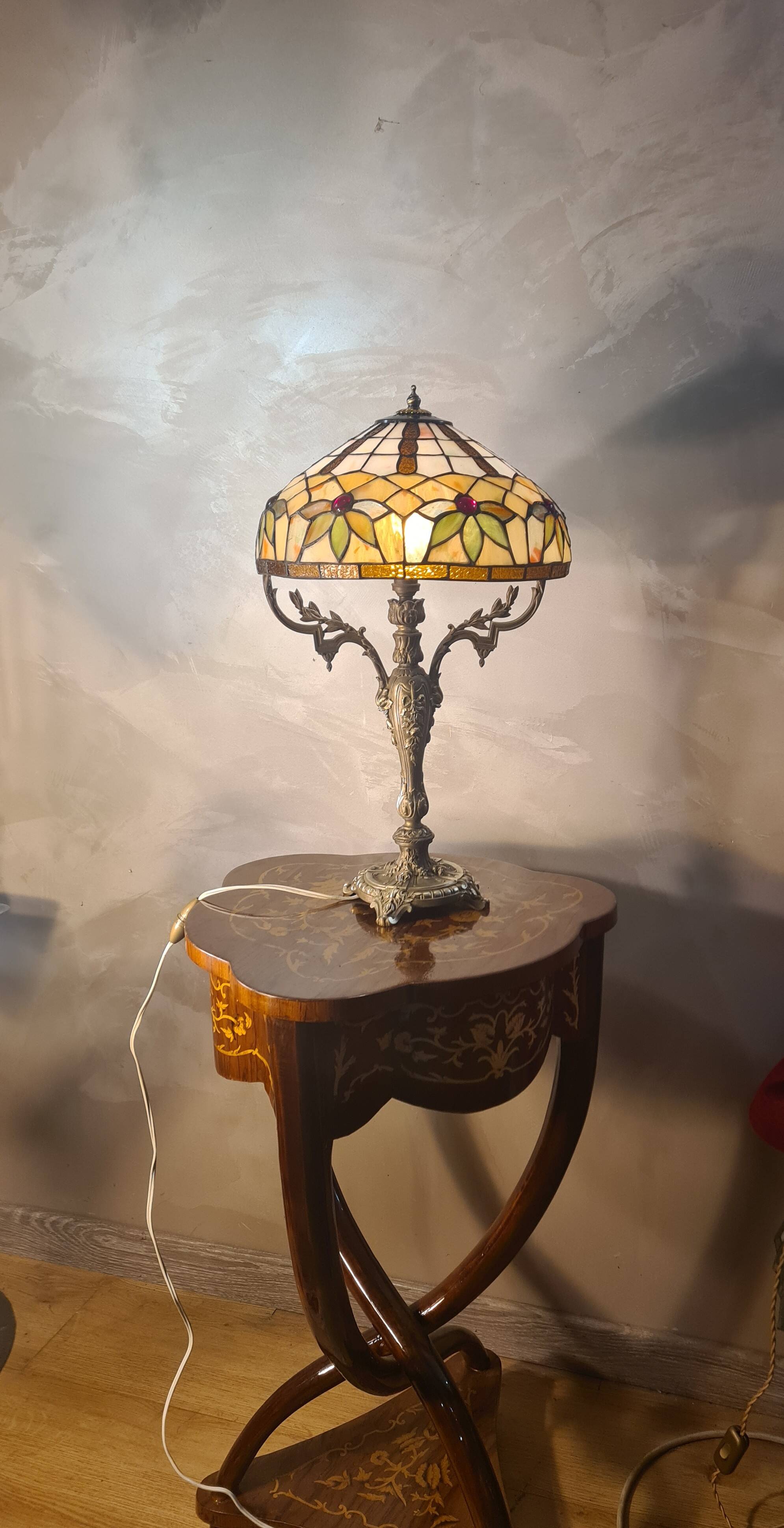 antique 19th century bronze rocaille lamp with a beautiful glass shade soldered with lead