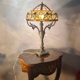 antique 19th century bronze rocaille lamp with a beautiful glass shade soldered with lead