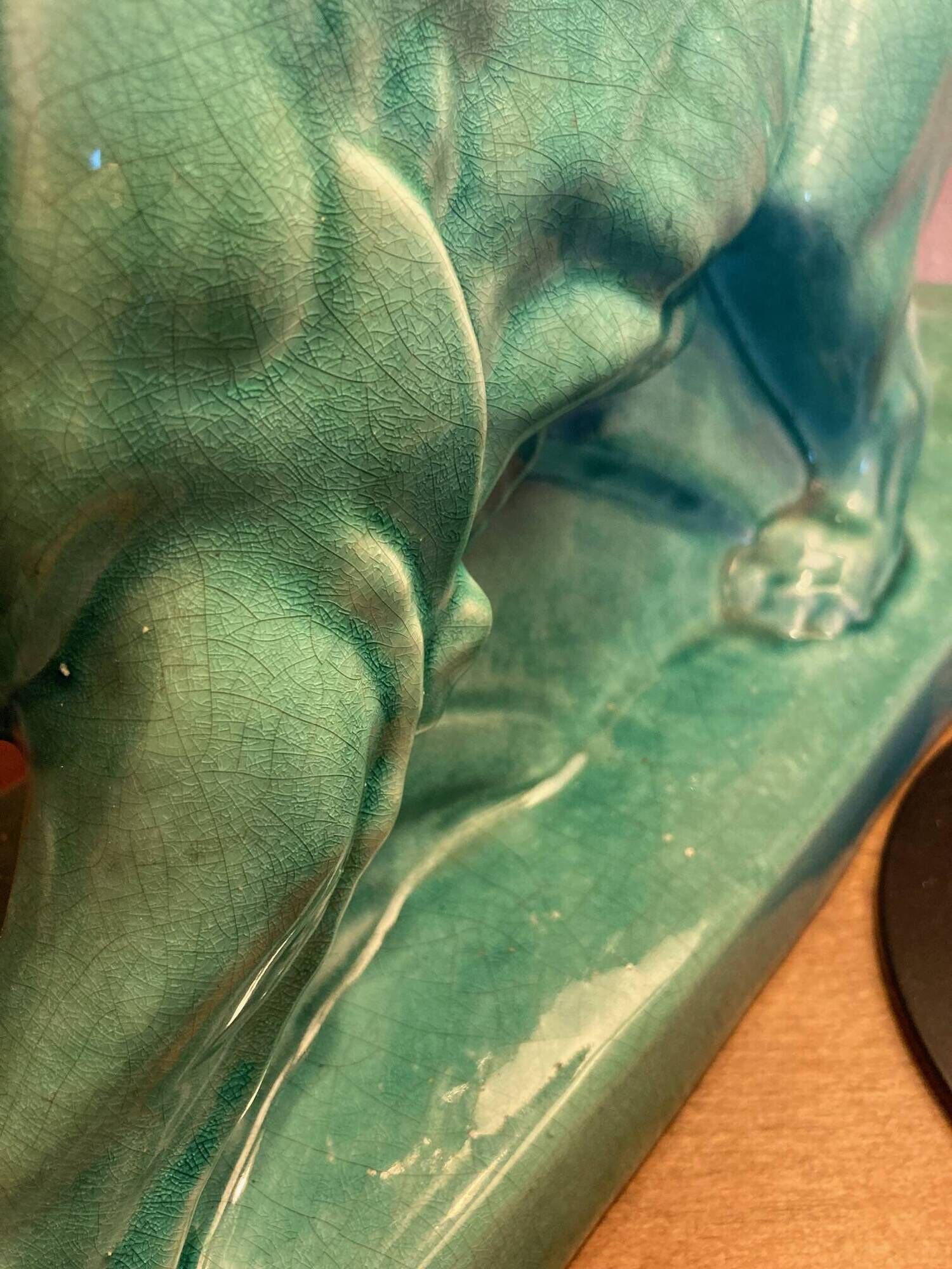 Large Art Deco lion sculpture, in crackled enamel, Peugeot, 1934, Le Jan