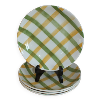 4 Semi-hollow plates with green and yellow checks, Moulin des Loups tea towel