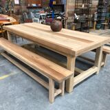 Set table and benches of solid oak farm